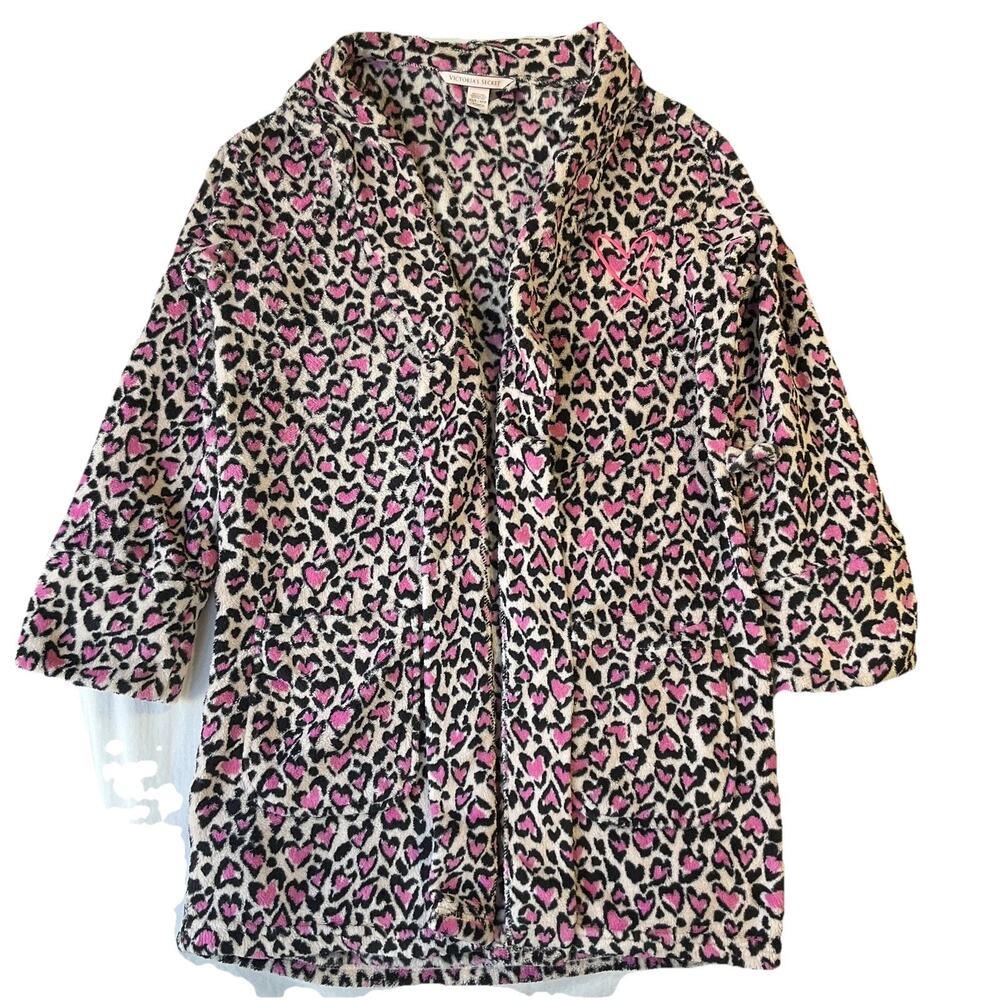 Victoria's Secret Women Sleepwear XS Pink Heart Embroidery Leopard Print Fleece